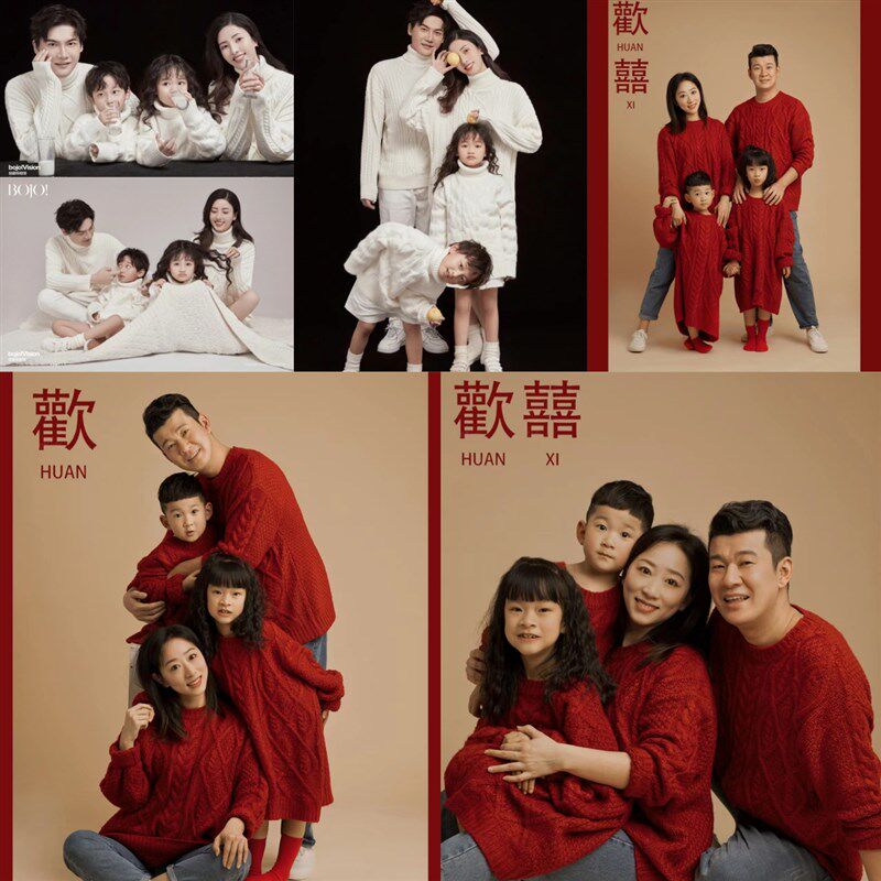 新款简约时尚亲子中国红针织毛衣新年红色主题服装影楼六口全家福