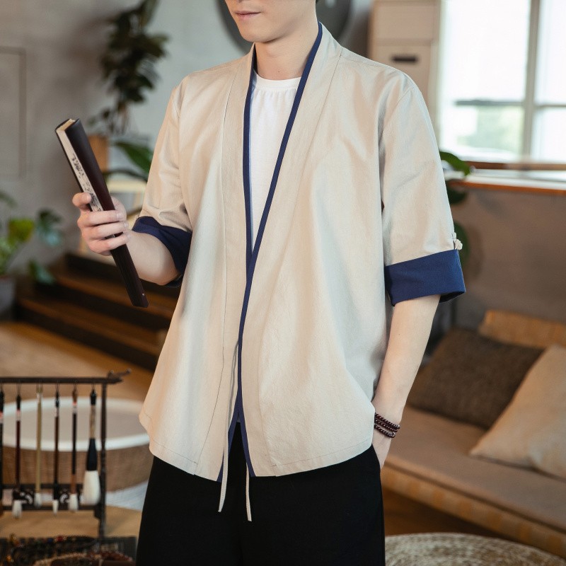 中国风亚麻衬衫男古风青年中式改良汉服斜襟上衣棉麻唐装短袖衬衣