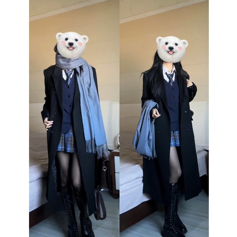 黑色呢子大衣女2024秋冬新款毛呢外套高级感冬天小个子韩系中长款