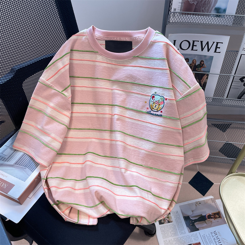 大码300斤粉色条纹刺绣短袖t恤男女夏季美式复古潮牌宽松休闲上衣