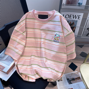 大码300斤粉色条纹刺绣短袖t恤男女夏季美式复古潮牌宽松休闲上衣