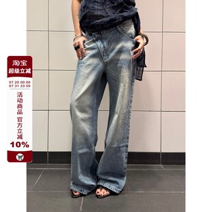 设计感腰头直筒百搭长裤 F383 新款 覆古水洗做旧牛仔裤 男女潮 美式