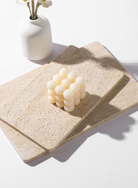 侘寂风天然洞石托盘复古大理石装饰摆件耳环珠宝陈列板饰品置物盘