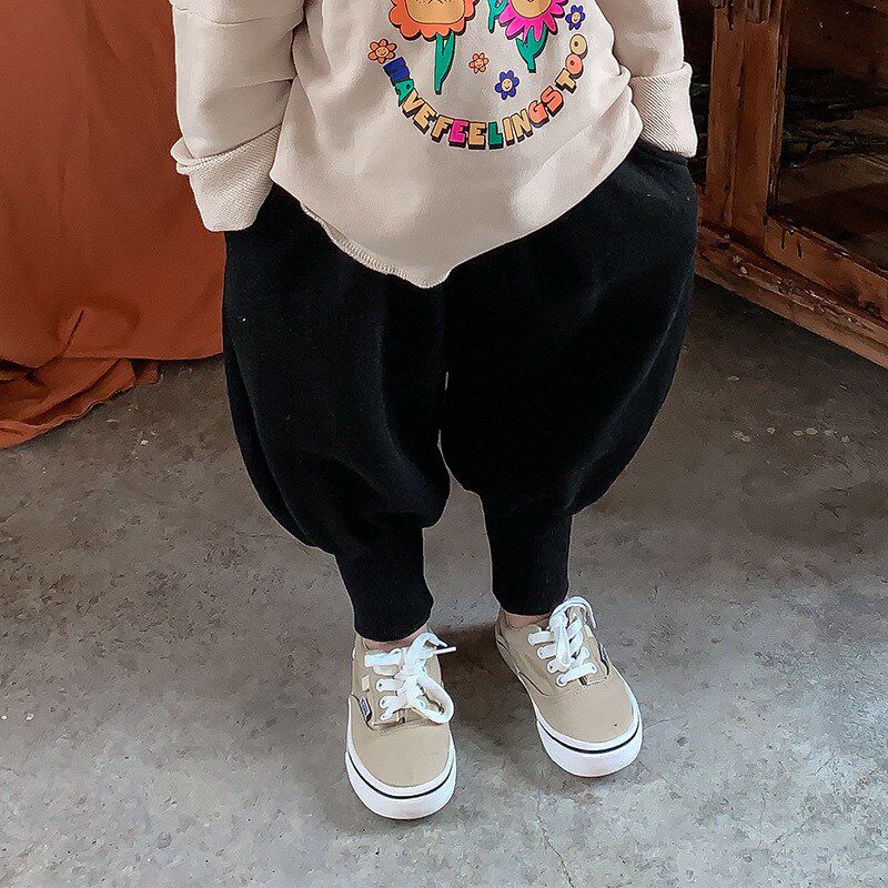 儿童纯色针织运动裤卫裤春秋款韩版男女童宽松灯笼裤宝宝束脚裤潮