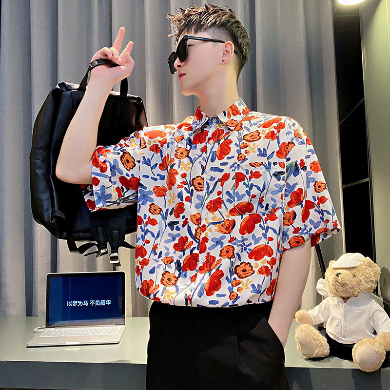 高级感花色短袖衬衫男冰丝垂感寸衫2024新款上衣夏季潮流休闲衬衣