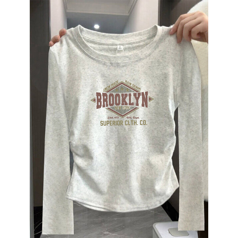 大码胖mm别致褶皱长袖t恤女春秋2024新款设计感修身显瘦纯棉上衣