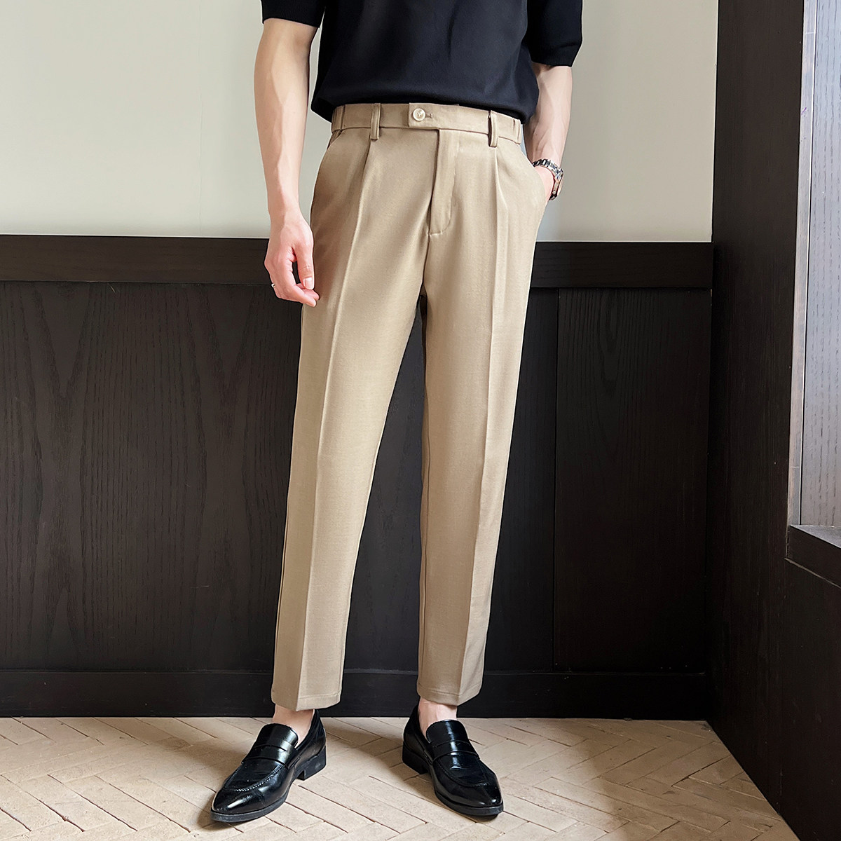 高级垂感西装裤男九分商务英伦直筒宽松弹力男士休闲小西裤黑色潮