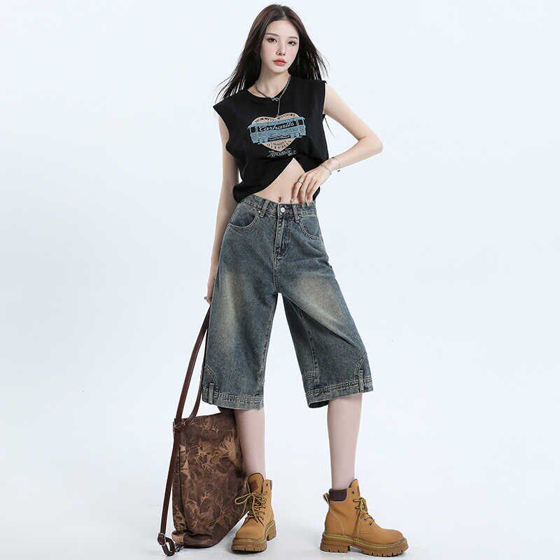 美式设计感倒装阔腿牛仔短裤女夏季2024年新款宽松显瘦直筒六分裤