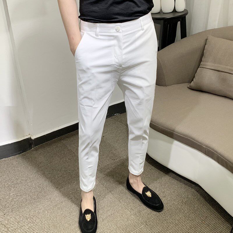 夏薄款纯棉九分裤潮男纯色简约休闲西装裤韩版锥形修身百搭男裤子