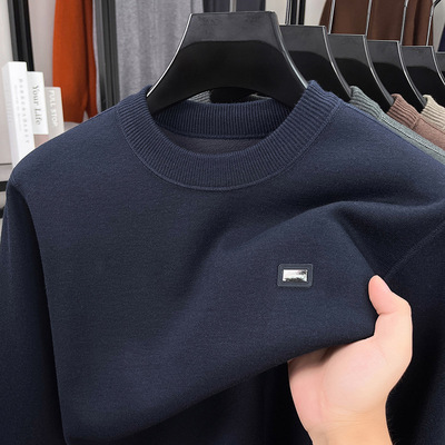 2025男冬季针织衫圆领加绒加厚毛衣长袖t恤线衣打底衫爸爸装上衣