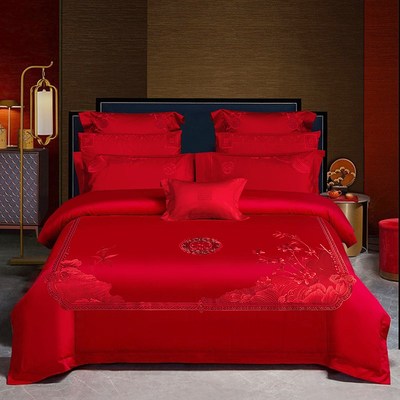 高档结婚喜庆被套四件套大红色全棉纯棉婚庆床上用品男方婚房床品