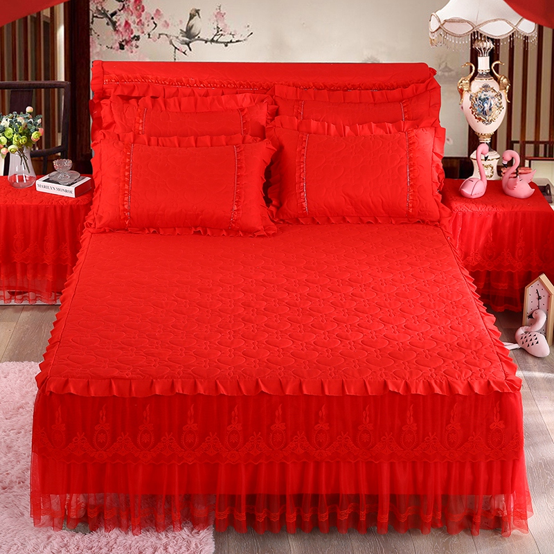 新品公主蕾丝秋冬结婚庆大红色加厚夹棉单件床裙式床罩床套三件套