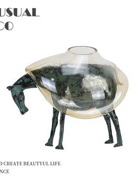 新中式现代简约金属马玻璃花器摆E件样板房售楼处书房软装饰品