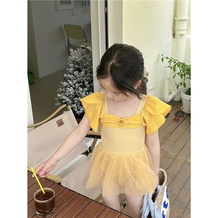 女童夏款韩版飞袖连身泳衣2024女宝宝I新款洋派网纱裙沙滩温泉泳