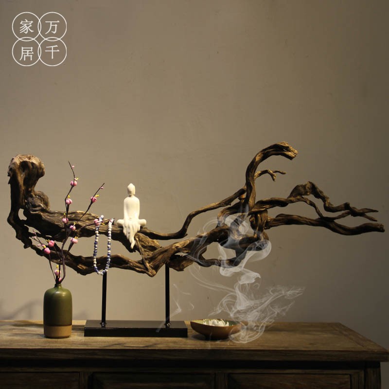 新中式实木枯木禅意摆件 陶瓷佛像风化木茶室客厅家居装饰工艺品