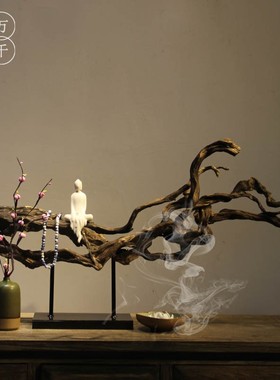 新中式实木枯木禅意摆件 陶瓷佛像风化木茶室客厅家居装饰工艺品