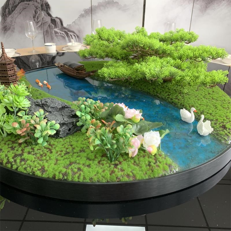 中式酒店会所餐桌大圆桌创意摆件转盘中间造景摆花微景观装饰品