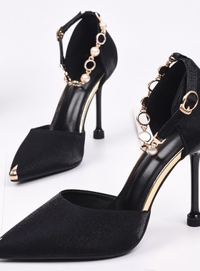 2021年新款高跟鞋女尖头黑色绸缎酒杯跟少女一字扣带细跟单鞋女鞋