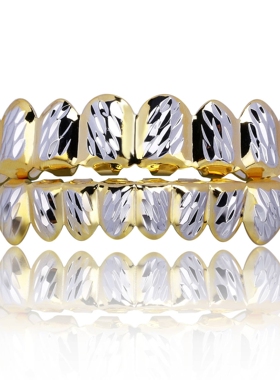 TEMU 亚马逊跨境货源hiphop饰品嘻哈牙套 披花双色8颗牙齿金牙套