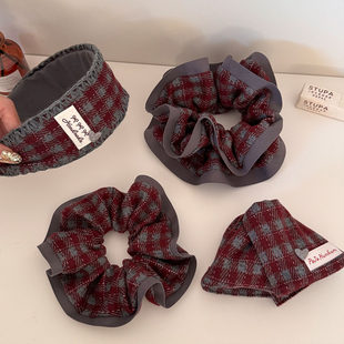 秋冬法式酒红格纹发夹蝴蝶结撞色大肠圈纽扣发箍高颅顶蝴蝶结发饰
