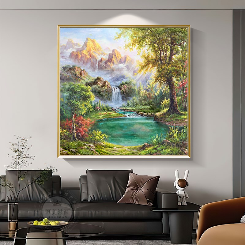 金山聚宝盆餐厅装饰画手绘风景油画玄关轻奢方形挂画三只小鹿壁画图片