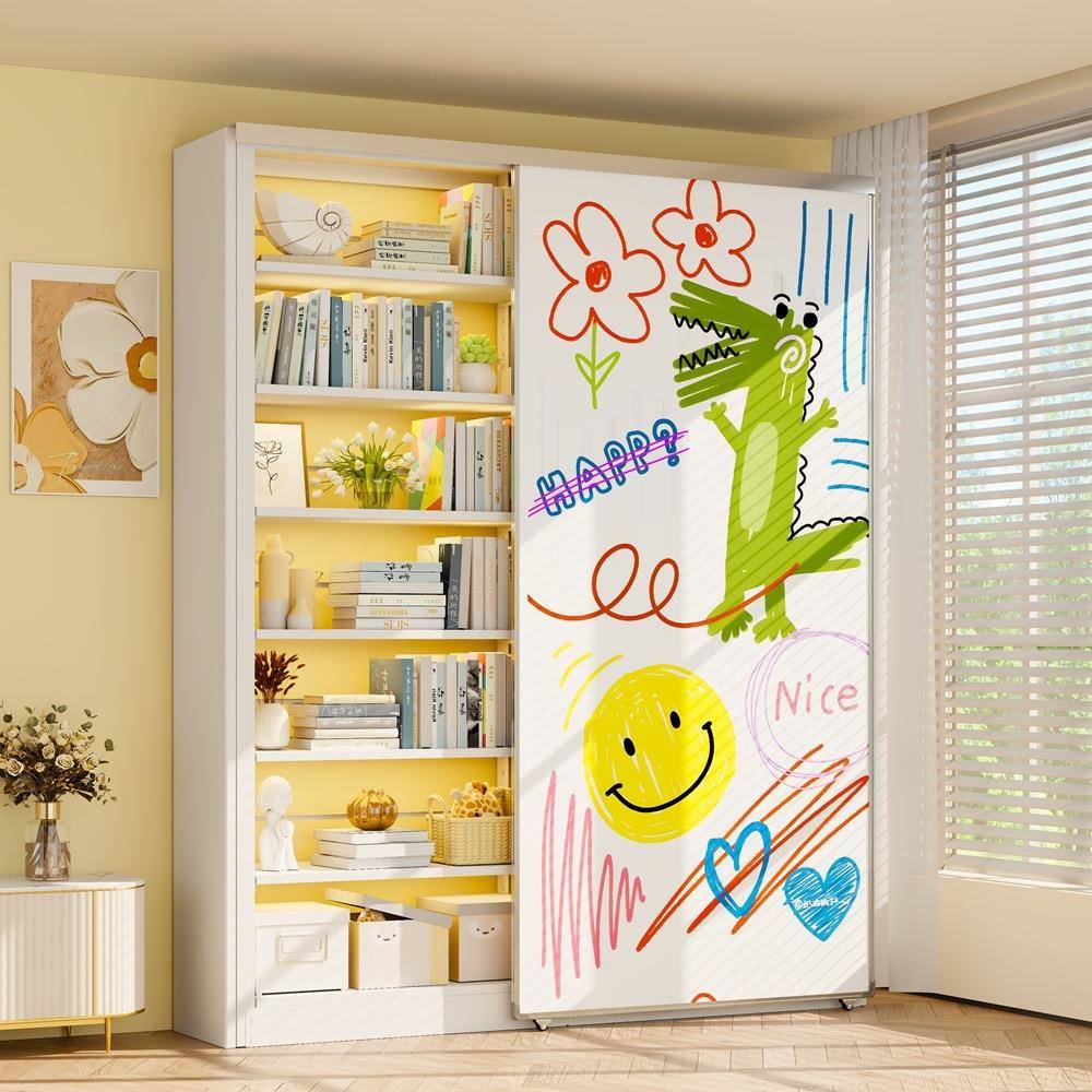 家用图书馆书架带白板门多层收纳置物架落地一体靠墙防尘简易书柜