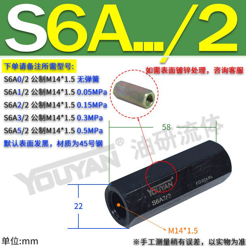 S6A11B管式S8A12液压S10A1.0/2单向阀S15A31 S20A51 S30A2 S25A31