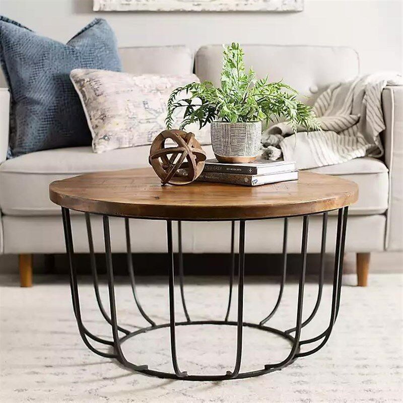 美式复古圆形茶几实木铁艺工艺风茶台做旧创意小户型茶桌家用矮桌