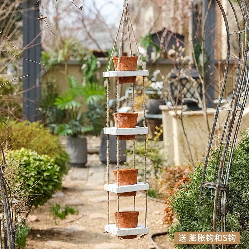 创意实木麻绳吊篮悬挂花盆架置物架阳台庭院多肉绿萝装饰摆件