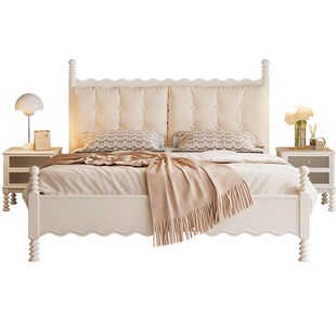 实木软靠包床1米5单人床架主卧法式奶油风一米八双人白色公主床铺