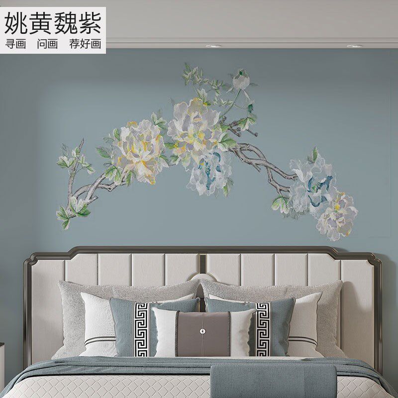 蓝色低饱和法式浅色年轻时尚牡丹大花朵J独绣壁画硬包床屏机绣壁