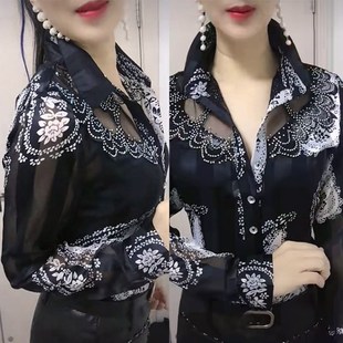 宽松印花长袖春秋l雪纺蕾丝妈妈女士洋气小衫衬衫碎花打底衫