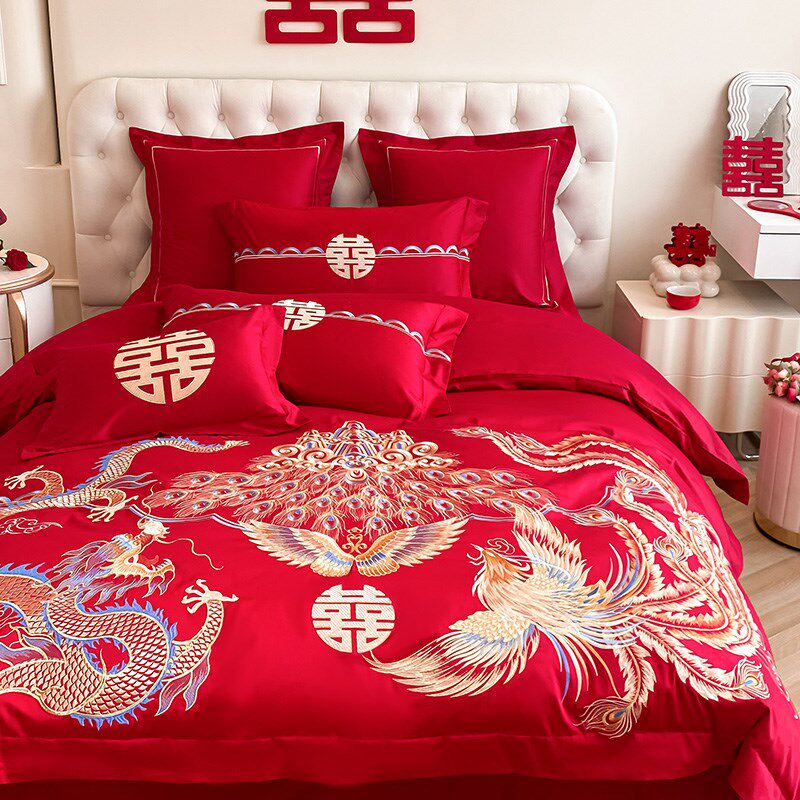 中式龙凤刺绣结婚四件套床单A被套婚房大红色婚庆床上用品,床上用品,婚庆床品套件,淘宝优惠券,粉丝福利购,淘宝优惠卷