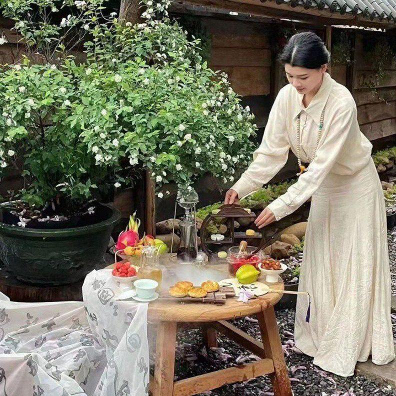 甄选tpf老榆木桌围炉煮茶小圆桌实木火锅桌围炉冰茶夏季烧烤桌电