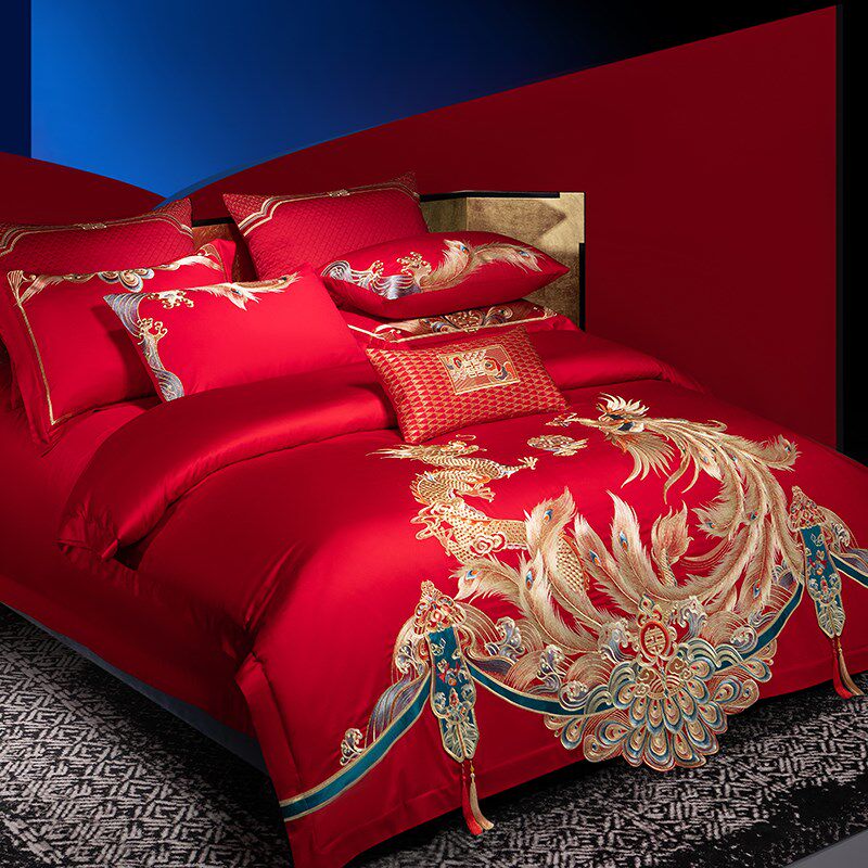 奢华龙凤刺绣全棉结婚四件套新中式大红喜被婚庆陪Z嫁床上用品,床上用品,婚庆床品套件,淘宝优惠券,粉丝福利购,淘宝优惠卷