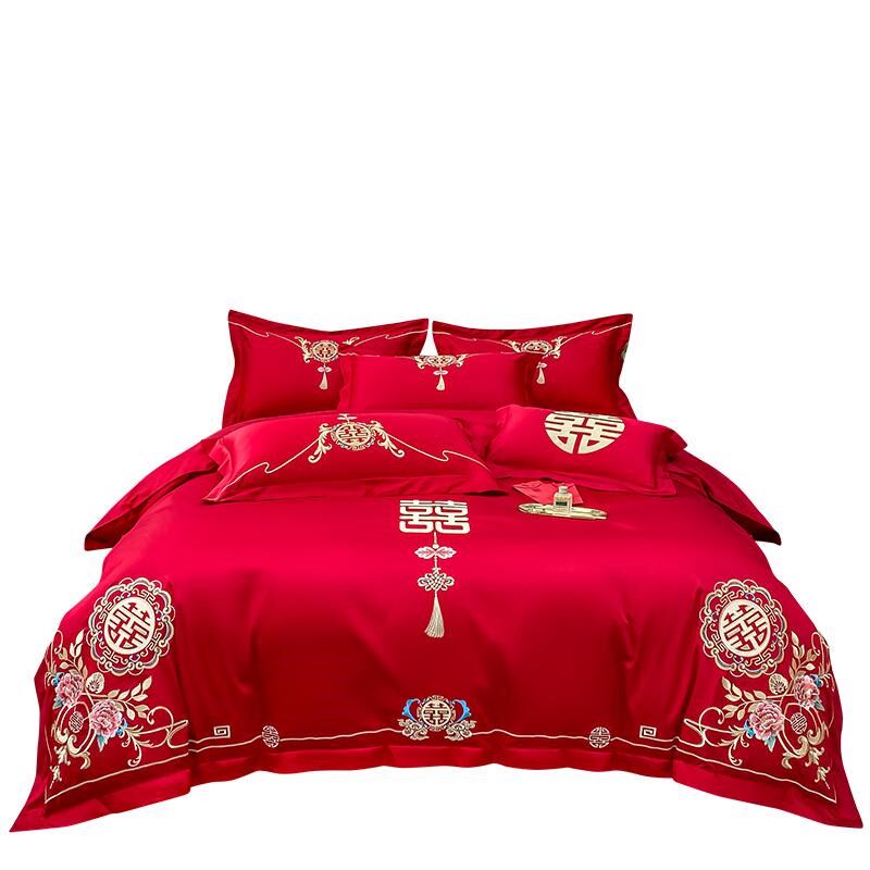 中式结婚四件套全棉2024新款大红色刺N绣被套婚庆床上用品,床上用品,婚庆床品套件,淘宝优惠券,粉丝福利购,淘宝优惠卷