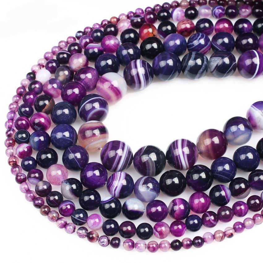 天然紫色条纹玛瑙散珠圆珠diy串珠手链材料手工编织饰品配件