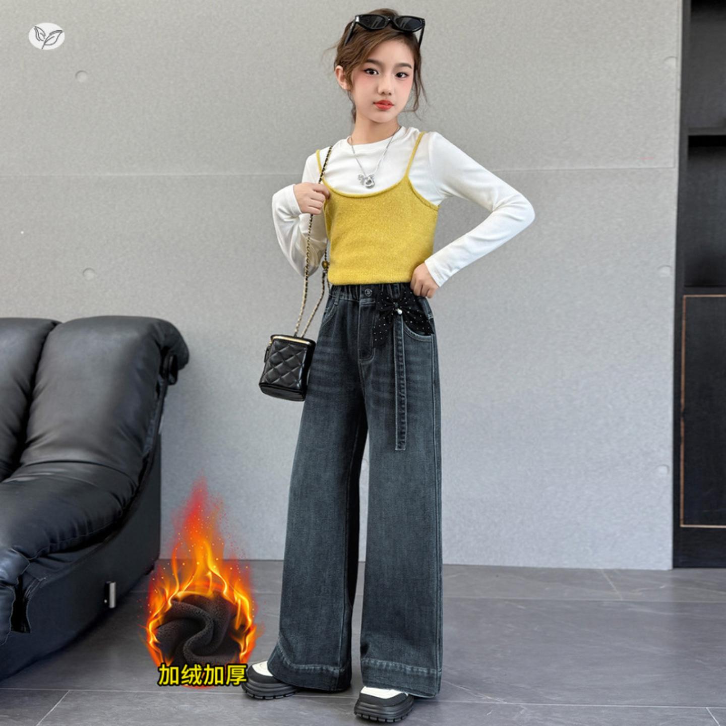 女童冬季加绒阔腿牛仔裤
