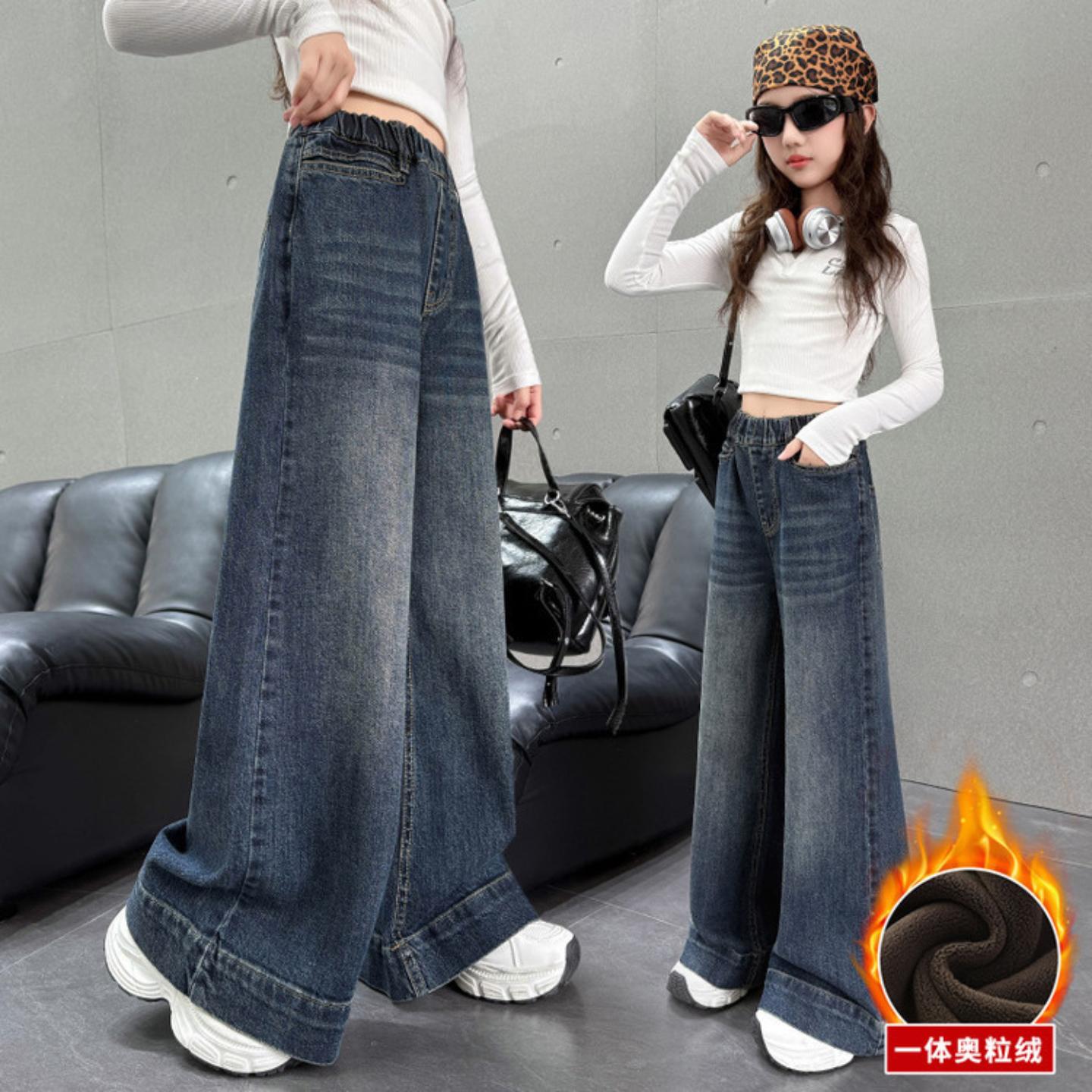 女童年秋季新品一字口袋阔腿裤中大童休闲牛仔裤直筒裤初中生B类