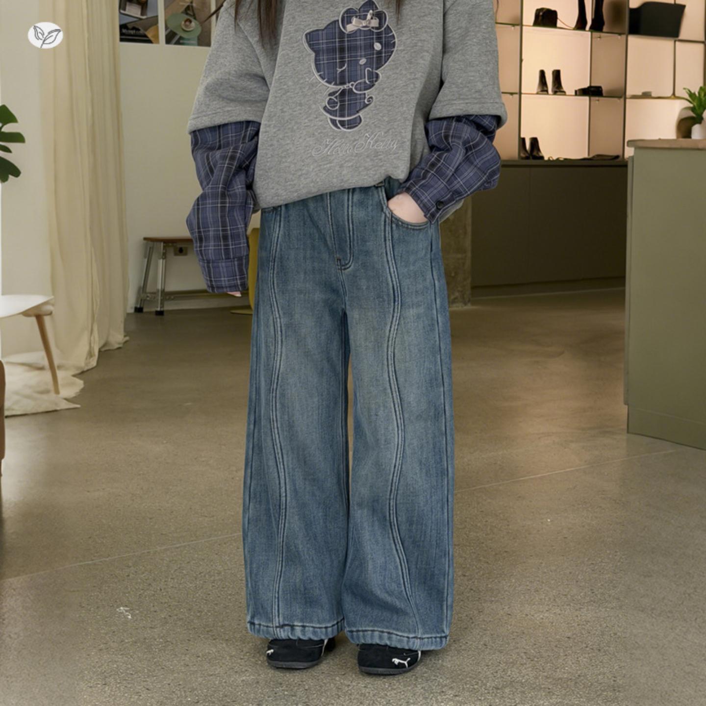 女童加绒波浪拼接阔腿裤