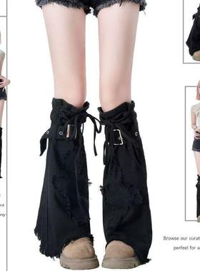 性感女孩Y2K日式腿套黑色修身Look堆袜子交叉拉绳设计靴套小号袜