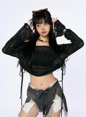 BullyOrange别欺负桔子 一字肩薄款针织防晒衫女抽绳短款2023新款