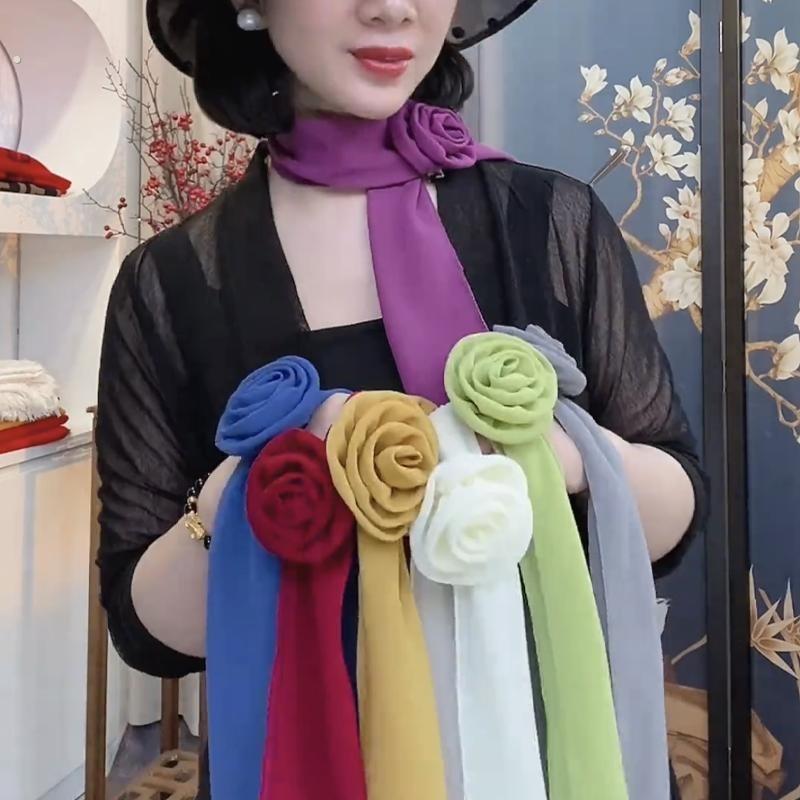 早春新款纯色玫瑰领花丝巾女装饰服装旅游跳舞花朵丝巾女士小长巾