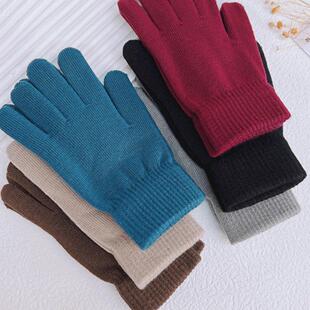 纯色针织手套男女士秋冬季保暖加绒弹力毛线分指学生骑行防寒手套