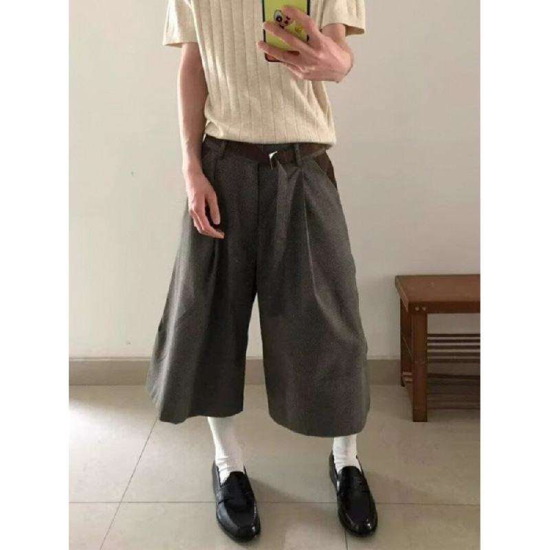 老钱风穿搭复古亚麻七分裤子宽松bf慵懒风阔腿短裤高知松弛感穿搭