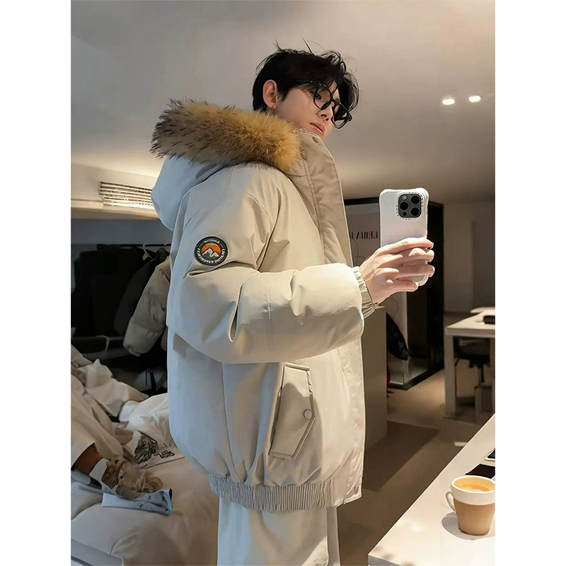 米白色美式连帽羽绒服男款冬季大毛领棉服廓形工装派克服棉衣袄子