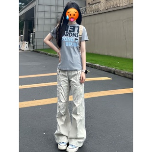 cra褶皱工装裤美式复古微喇牛仔裤男女夏薄款裤子直筒宽松休闲裤
