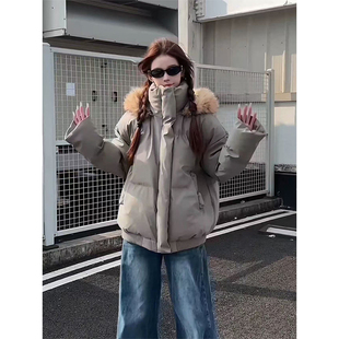 咖色可拆卸毛领pu皮短款羽绒服男女冬季加厚连帽棉服加厚防寒棉袄