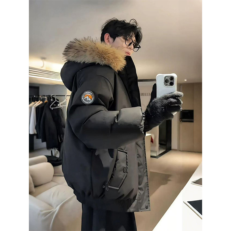 可拆卸大毛领派克羽绒服男冬季加绒保暖工装棉服外套加厚防寒棉袄