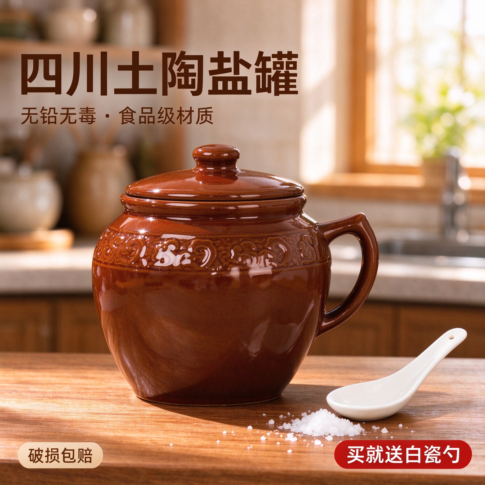 志城金匠四川土陶盐罐老式厨房调味罐猪油罐辣椒油罐无铅无毒带勺